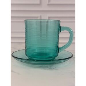 VTG Arcoroc Jardiniere Green Teal Ribbed 8 oz. Mug and Saucer Set